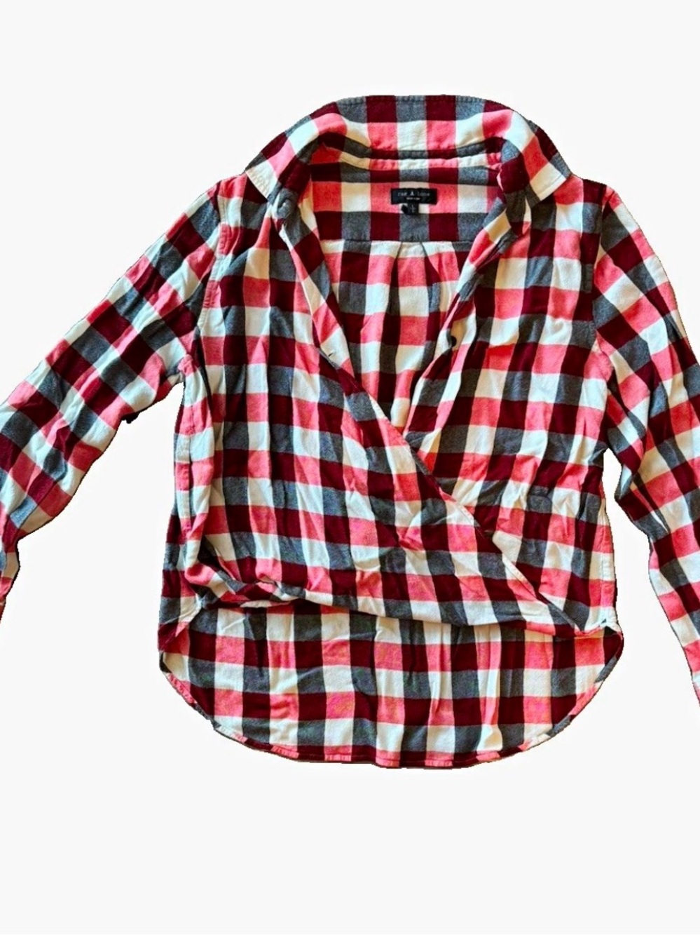 Rag & Bone Red Check Plaid Wrap Look Button Down Blouse Shirt - Size L